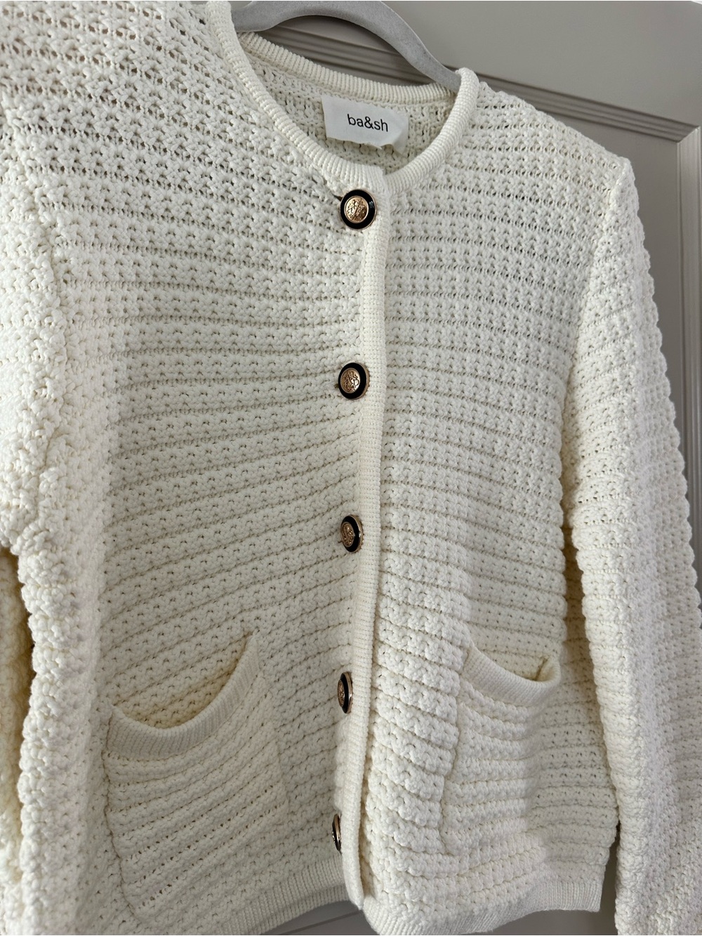 ba&sh Cream Textured Knit Button-Front Cardigan - Picture 3 of 7